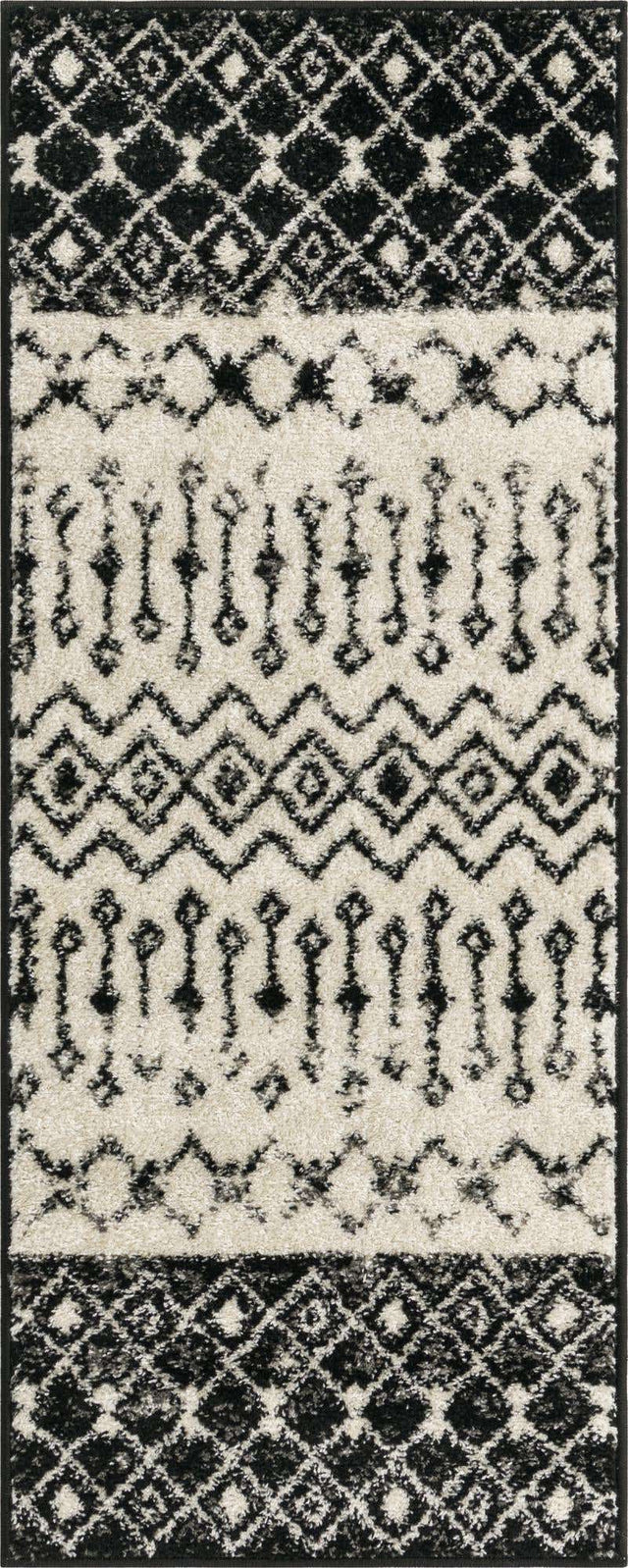 Black and White 2' x 5' 3 Tribal Trellis Runner Area Rug Geometric Southwestern Inspired Durable Carpet for Home Interior Design for Sale at Rug Engine
