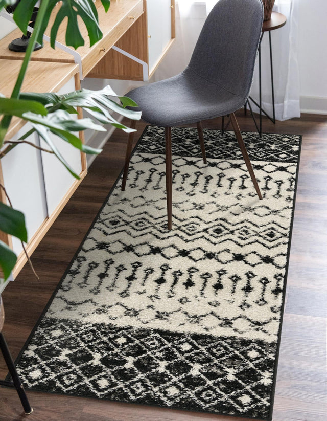 Black and White 3' 3 x 16' 5 Tribal Trellis Runner Area Rug Geometric Southwestern Inspired Durable Carpet for Home Interior Design for Sale at Rug Engine