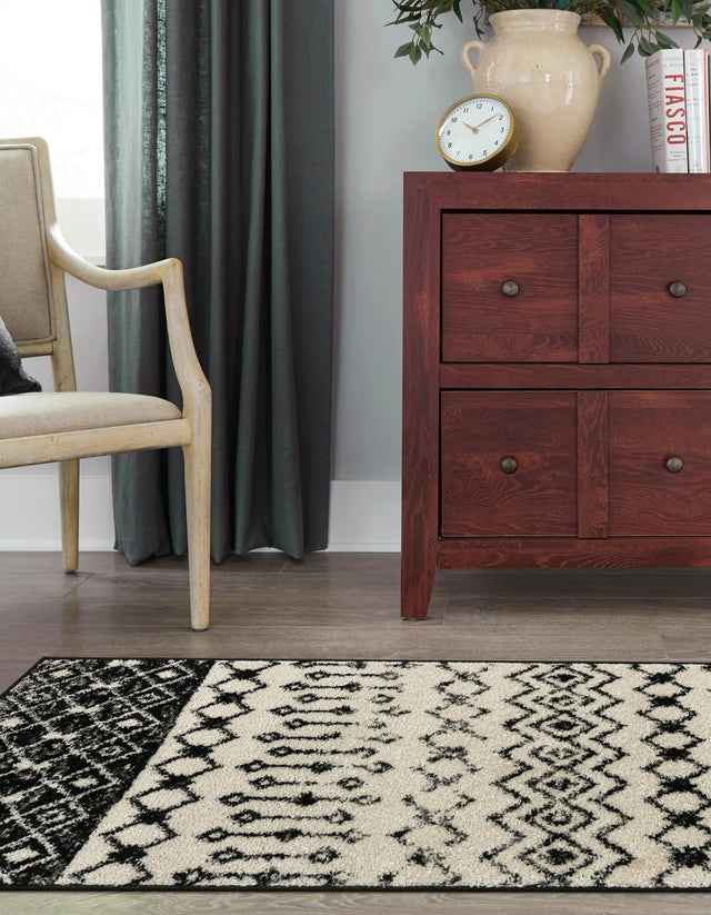 Black and White 2' x 6' 1 Tribal Trellis Runner Area Rug Geometric Southwestern Inspired Durable Carpet for Home Interior Design for Sale at Rug Engine