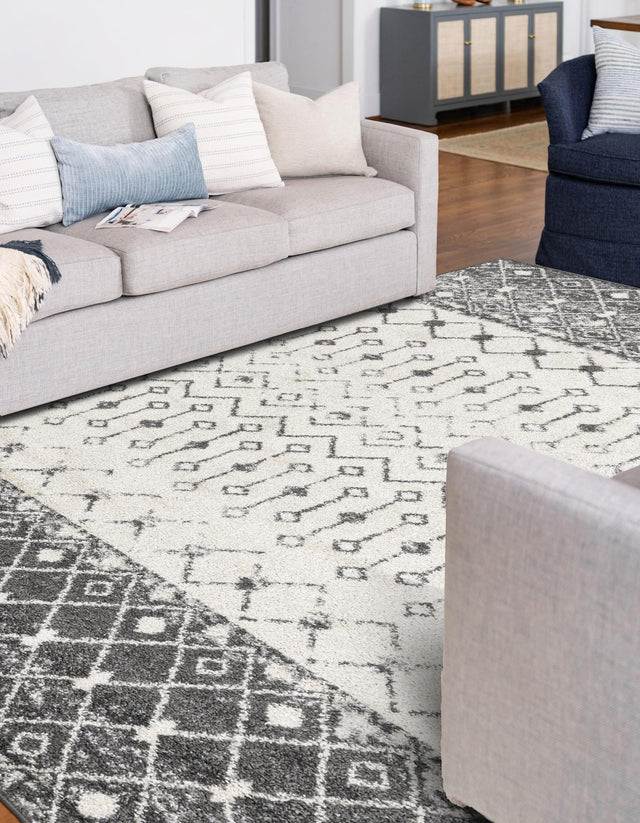 Ivory and Gray 10' 8 x 14' Tribal Trellis Rectangle Area Rug Geometric Southwestern Inspired Durable Carpet for Home Interior Design for Sale at Rug Engine