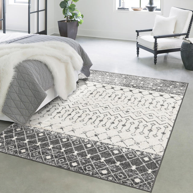 Ivory and Gray 9' x 12' Tribal Trellis Rectangle Area Rug Geometric Southwestern Inspired Durable Carpet for Home Interior Design for Sale at Rug Engine
