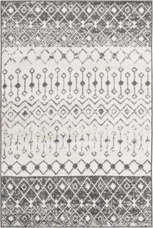 Ivory and Gray 4' 1 x 6' 1 Tribal Trellis Rectangle Area Rug Geometric Southwestern Inspired Durable Carpet for Home Interior Design for Sale at Rug Engine