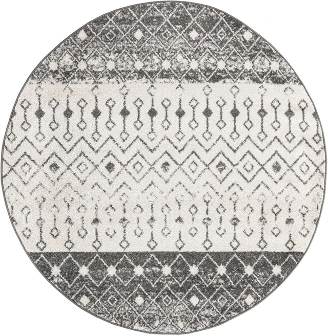 Ivory and Gray 6' 1 x 6' 1 Tribal Trellis Round Area Rug Geometric Southwestern Inspired Durable Carpet for Home Interior Design for Sale at Rug Engine