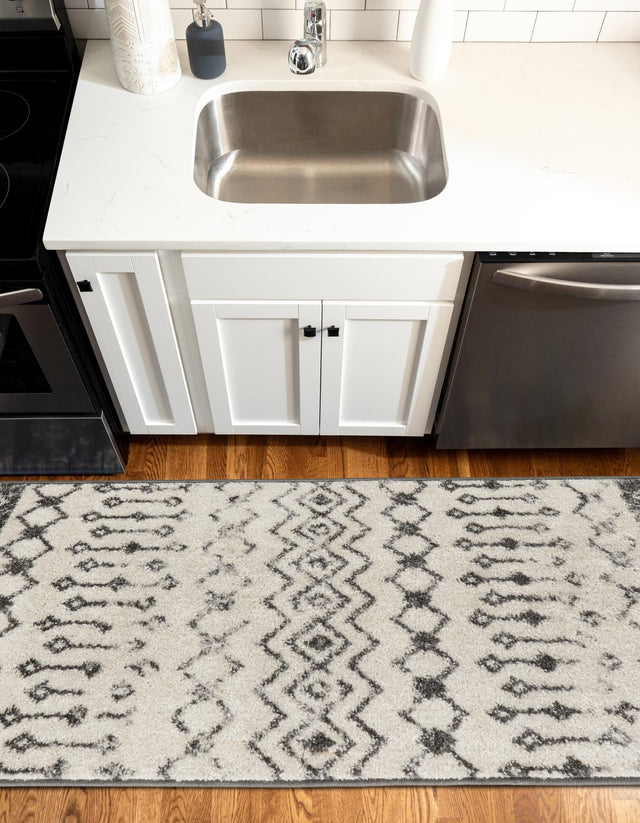 Ivory and Gray 2' x 7' 1 Tribal Trellis Runner Area Rug Geometric Southwestern Inspired Durable Carpet for Home Interior Design for Sale at Rug Engine
