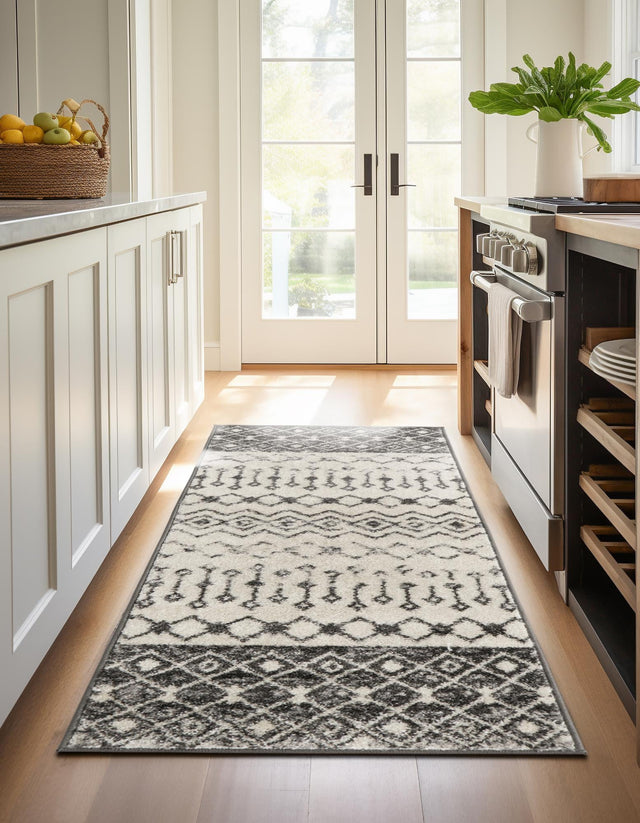 Ivory and Gray 2' x 7' 1 Tribal Trellis Runner Area Rug Geometric Southwestern Inspired Durable Carpet for Home Interior Design for Sale at Rug Engine