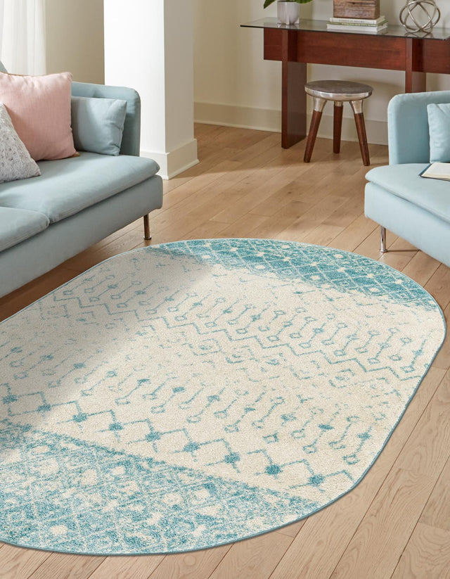 Ivory Blue 7' 10 x 10' Tribal Trellis Oval Area Rug Geometric Southwestern Inspired Durable Carpet for Home Interior Design for Sale at Rug Engine