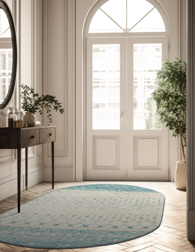 Ivory Blue 5' 3 x 8' Tribal Trellis Oval Area Rug Geometric Southwestern Inspired Durable Carpet for Home Interior Design for Sale at Rug Engine