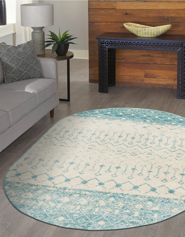 Ivory Blue 7' 10 x 10' Tribal Trellis Oval Area Rug Geometric Southwestern Inspired Durable Carpet for Home Interior Design for Sale at Rug Engine