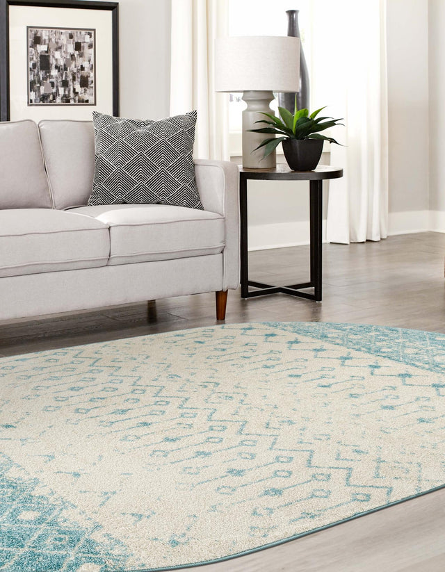 Ivory Blue 7' 10 x 10' Tribal Trellis Oval Area Rug Geometric Southwestern Inspired Durable Carpet for Home Interior Design for Sale at Rug Engine