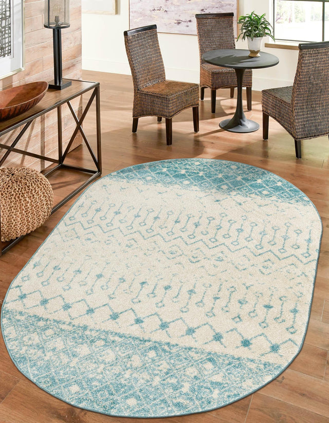 Ivory Blue 7' 10 x 10' Tribal Trellis Oval Area Rug Geometric Southwestern Inspired Durable Carpet for Home Interior Design for Sale at Rug Engine
