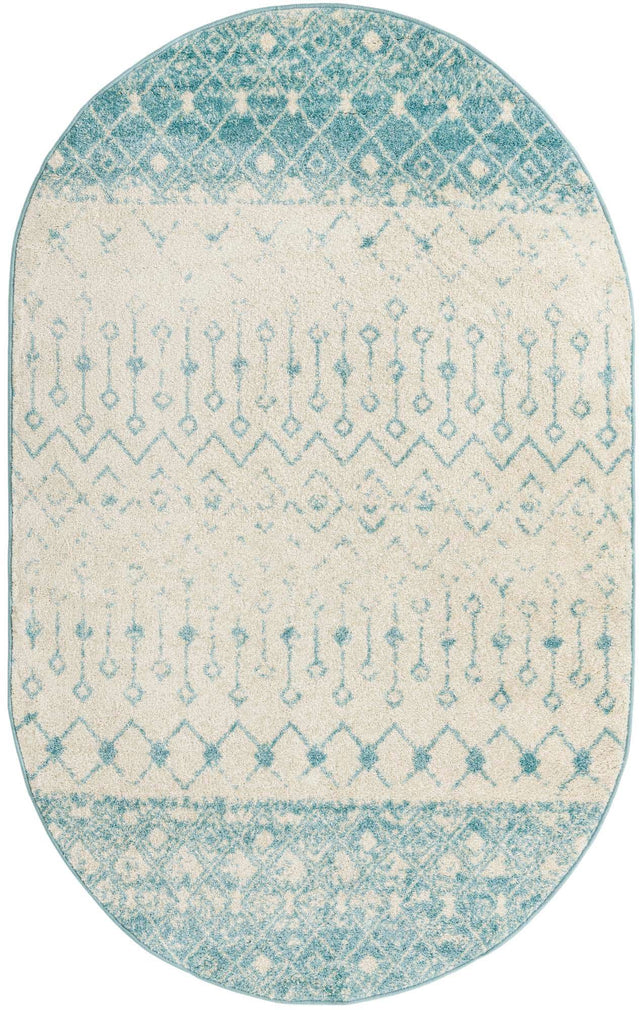Ivory Blue 5' 3 x 8' Tribal Trellis Oval Area Rug Geometric Southwestern Inspired Durable Carpet for Home Interior Design for Sale at Rug Engine
