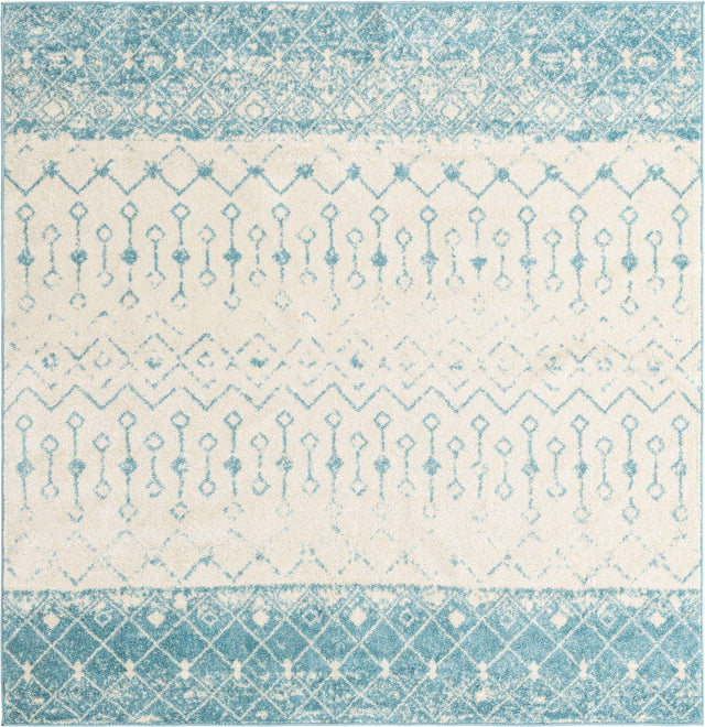 Ivory Blue 7' 10 x 7' 10 Tribal Trellis Square Area Rug Geometric Southwestern Inspired Durable Carpet for Home Interior Design for Sale at Rug Engine