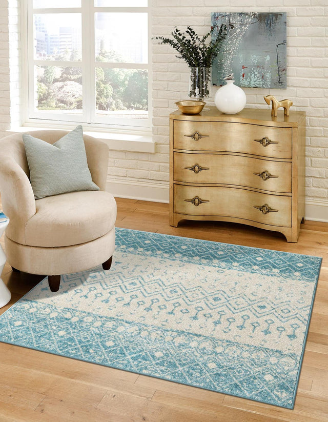 Ivory Blue 10' x 10' Tribal Trellis Square Area Rug Geometric Southwestern Inspired Durable Carpet for Home Interior Design for Sale at Rug Engine