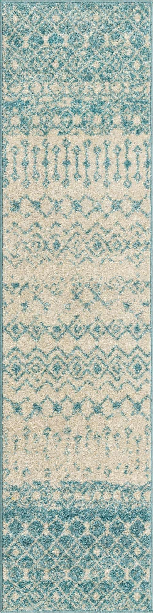 Ivory Blue 2' x 8' Tribal Trellis Runner Area Rug Geometric Southwestern Inspired Durable Carpet for Home Interior Design for Sale at Rug Engine