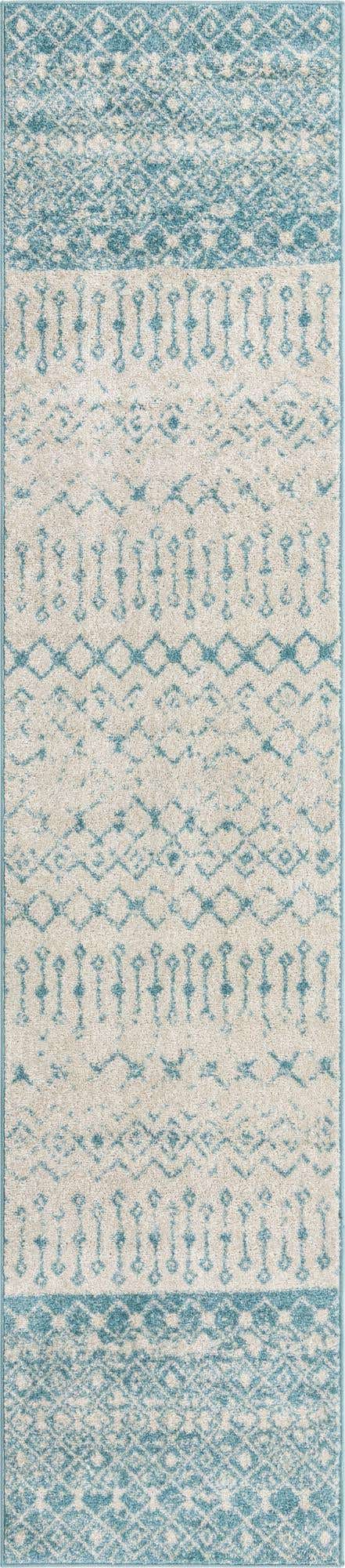 Ivory Blue 2' 7 x 12' Tribal Trellis Runner Area Rug Geometric Southwestern Inspired Durable Carpet for Home Interior Design for Sale at Rug Engine