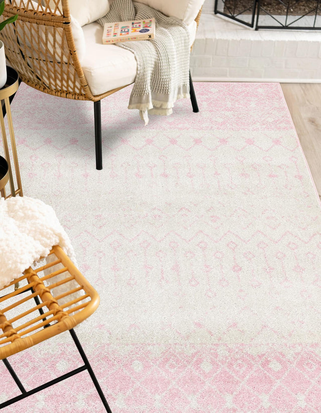 Ivory and Pink 6' x 9' Tribal Trellis Rectangle Area Rug Geometric Southwestern Inspired Durable Carpet for Home Interior Design for Sale at Rug Engine