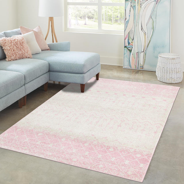Ivory and Pink 10' x 13' Tribal Trellis Rectangle Area Rug Geometric Southwestern Inspired Durable Carpet for Home Interior Design for Sale at Rug Engine