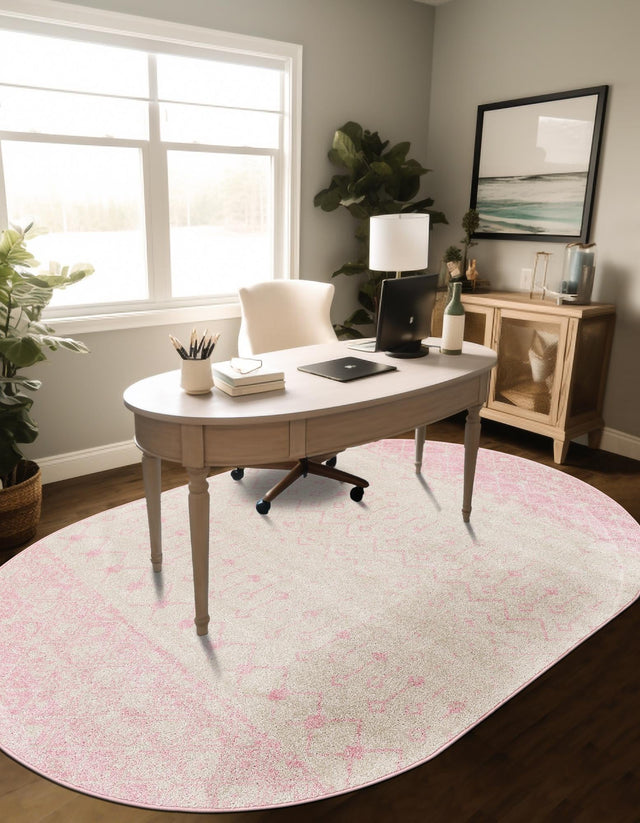 Ivory and Pink 7' 10 x 10' Tribal Trellis Oval Area Rug Geometric Southwestern Inspired Durable Carpet for Home Interior Design for Sale at Rug Engine