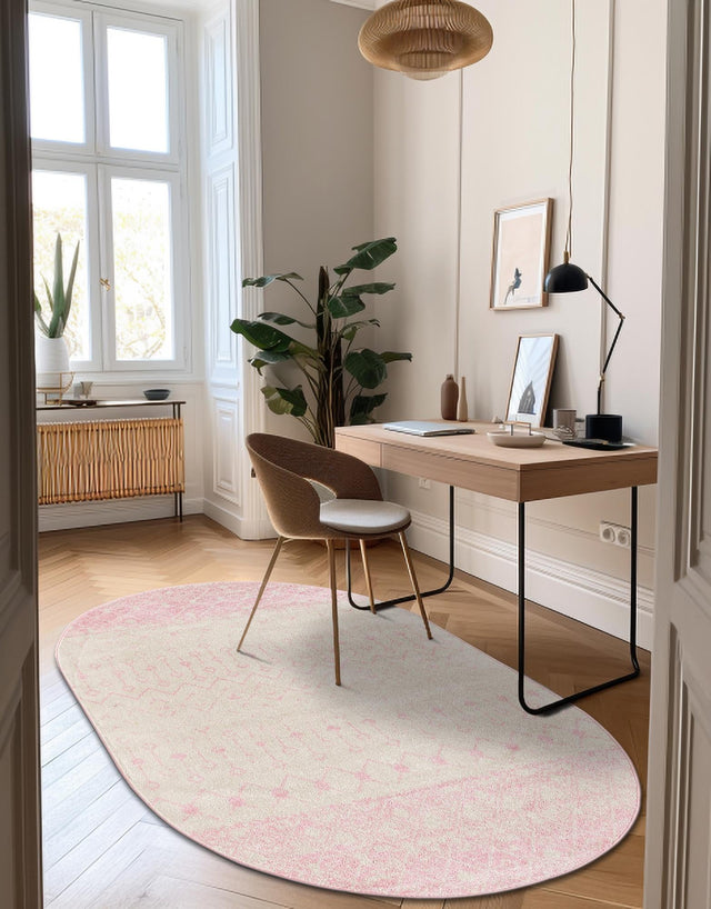 Ivory and Pink 7' 10 x 10' Tribal Trellis Oval Area Rug Geometric Southwestern Inspired Durable Carpet for Home Interior Design for Sale at Rug Engine