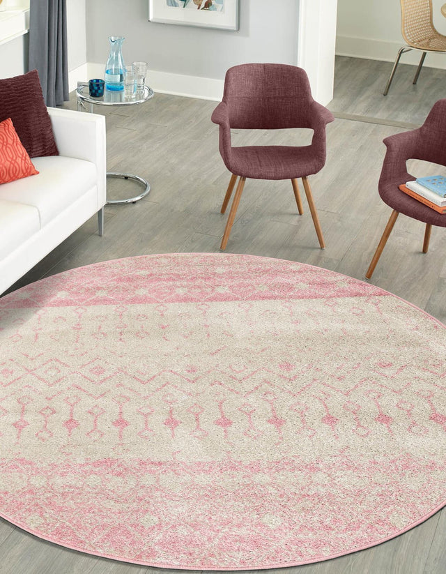 Ivory and Pink 3' 3 x 3' 3 Tribal Trellis Round Area Rug Geometric Southwestern Inspired Durable Carpet for Home Interior Design for Sale at Rug Engine