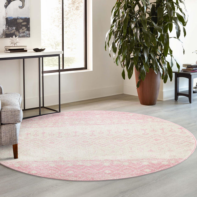 Ivory and Pink 10' x 10' Tribal Trellis Round Area Rug Geometric Southwestern Inspired Durable Carpet for Home Interior Design for Sale at Rug Engine