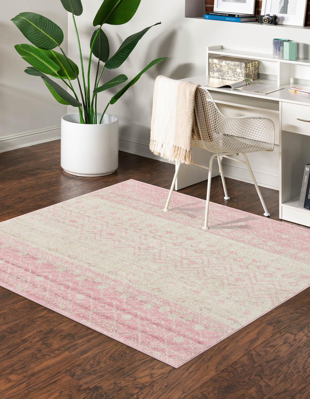 Ivory and Pink 6' x 6' Tribal Trellis Square Area Rug Geometric Southwestern Inspired Durable Carpet for Home Interior Design for Sale at Rug Engine