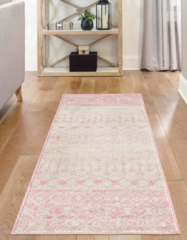 Ivory and Pink 2' x 5' Tribal Trellis Runner Area Rug Geometric Southwestern Inspired Durable Carpet for Home Interior Design for Sale at Rug Engine