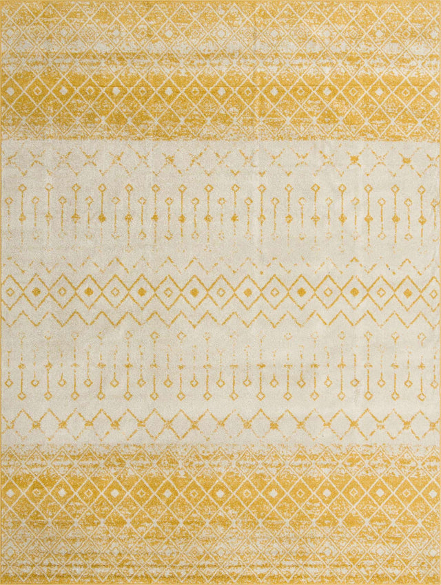 Ivory and Yellow 10' 8 x 14' Tribal Trellis Rectangle Area Rug Geometric Southwestern Inspired Durable Carpet for Home Interior Design for Sale at Rug Engine