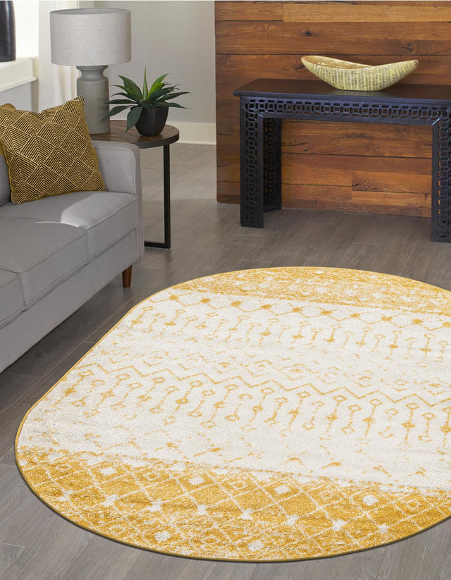 Ivory and Yellow 5' 3 x 8' Tribal Trellis Oval Area Rug Geometric Southwestern Inspired Durable Carpet for Home Interior Design for Sale at Rug Engine