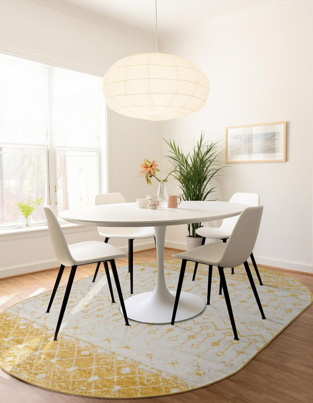 Ivory and Yellow 4' 1 x 6' 1 Tribal Trellis Oval Area Rug Geometric Southwestern Inspired Durable Carpet for Home Interior Design for Sale at Rug Engine