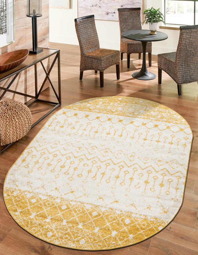 Ivory and Yellow 4' 1 x 6' 1 Tribal Trellis Oval Area Rug Geometric Southwestern Inspired Durable Carpet for Home Interior Design for Sale at Rug Engine
