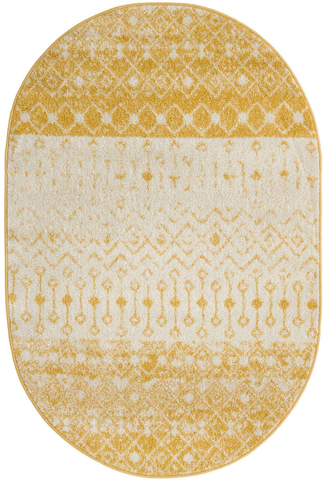 Ivory and Yellow 4' 1 x 6' 1 Tribal Trellis Oval Area Rug Geometric Southwestern Inspired Durable Carpet for Home Interior Design for Sale at Rug Engine