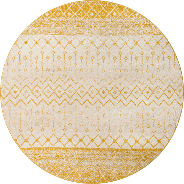 Ivory and Yellow 10' x 10' Tribal Trellis Round Area Rug Geometric Southwestern Inspired Durable Carpet for Home Interior Design for Sale at Rug Engine