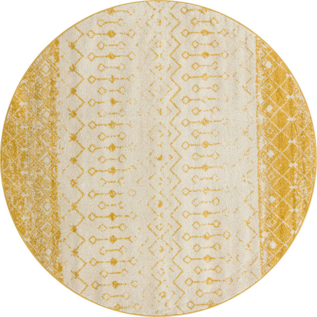 Ivory and Yellow 7' 10 x 7' 10 Tribal Trellis Round Area Rug Geometric Southwestern Inspired Durable Carpet for Home Interior Design for Sale at Rug Engine