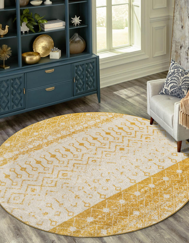 Ivory and Yellow 5' 3 x 5' 3 Tribal Trellis Round Area Rug Geometric Southwestern Inspired Durable Carpet for Home Interior Design for Sale at Rug Engine