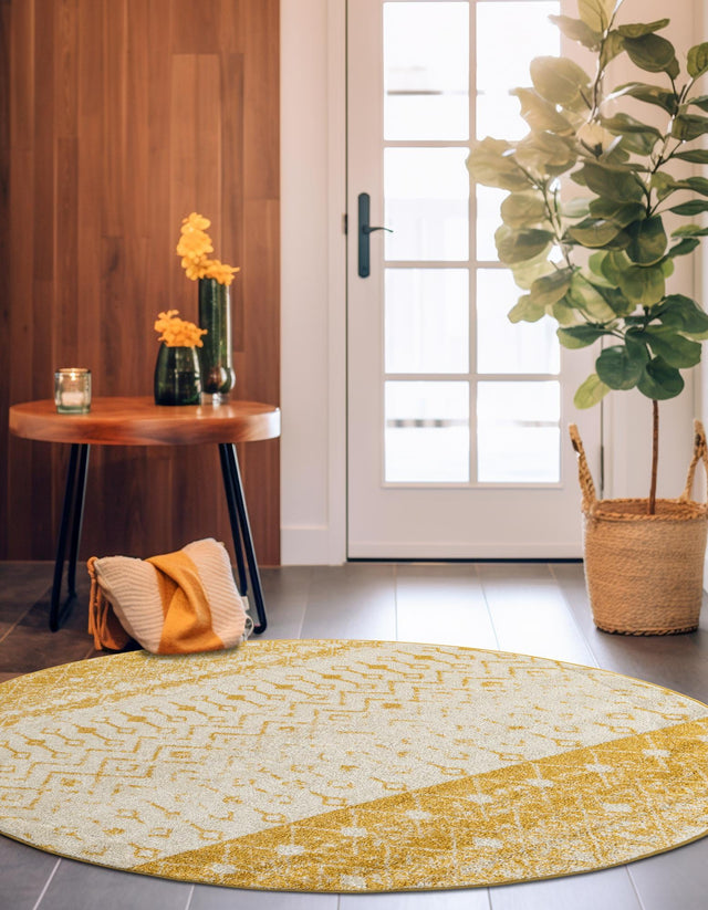 Ivory and Yellow 5' 3 x 5' 3 Tribal Trellis Round Area Rug Geometric Southwestern Inspired Durable Carpet for Home Interior Design for Sale at Rug Engine