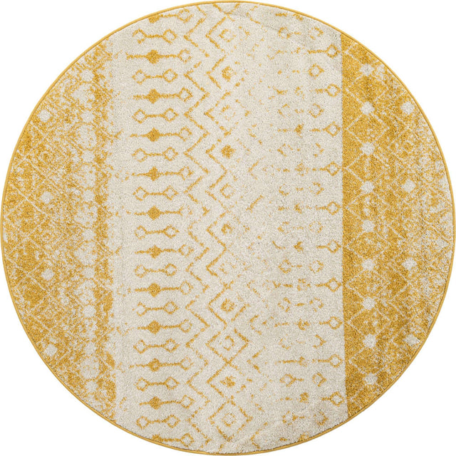 Ivory and Yellow 6' 1 x 6' 1 Tribal Trellis Round Area Rug Geometric Southwestern Inspired Durable Carpet for Home Interior Design for Sale at Rug Engine