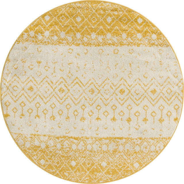 Ivory and Yellow 5' 3 x 5' 3 Tribal Trellis Round Area Rug Geometric Southwestern Inspired Durable Carpet for Home Interior Design for Sale at Rug Engine