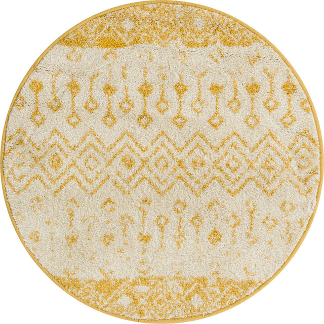 Ivory and Yellow 3' 1 x 3' 1 Tribal Trellis Round Area Rug Geometric Southwestern Inspired Durable Carpet for Home Interior Design for Sale at Rug Engine