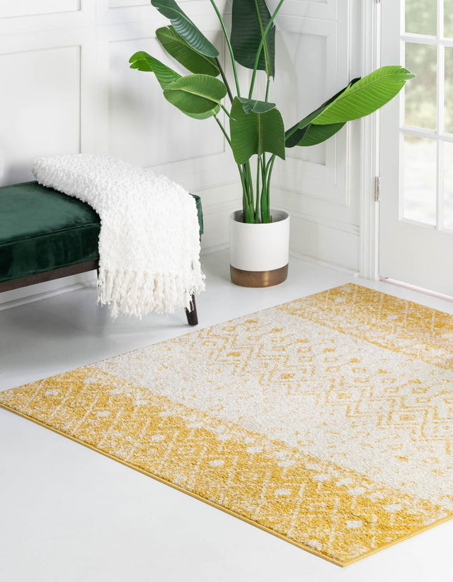 Ivory and Yellow 6' 1 x 6' 1 Tribal Trellis Square Area Rug Geometric Southwestern Inspired Durable Carpet for Home Interior Design for Sale at Rug Engine