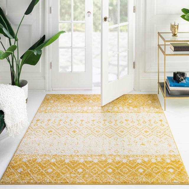 Ivory and Yellow 7' 10 x 7' 10 Tribal Trellis Square Area Rug Geometric Southwestern Inspired Durable Carpet for Home Interior Design for Sale at Rug Engine