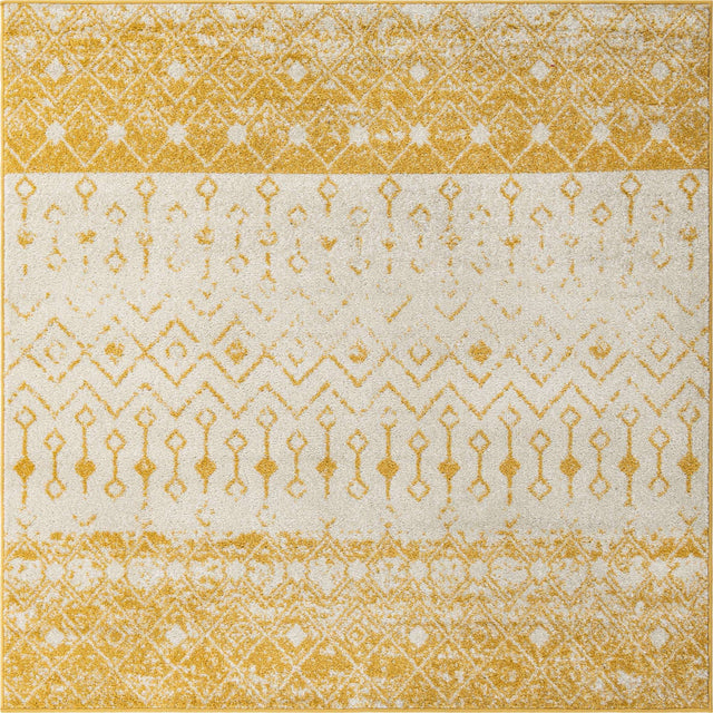 Ivory and Yellow 6' 1 x 6' 1 Tribal Trellis Square Area Rug Geometric Southwestern Inspired Durable Carpet for Home Interior Design for Sale at Rug Engine