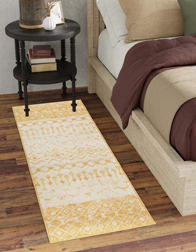 Ivory and Yellow 2' 7 x 10' Tribal Trellis Runner Area Rug Geometric Southwestern Inspired Durable Carpet for Home Interior Design for Sale at Rug Engine