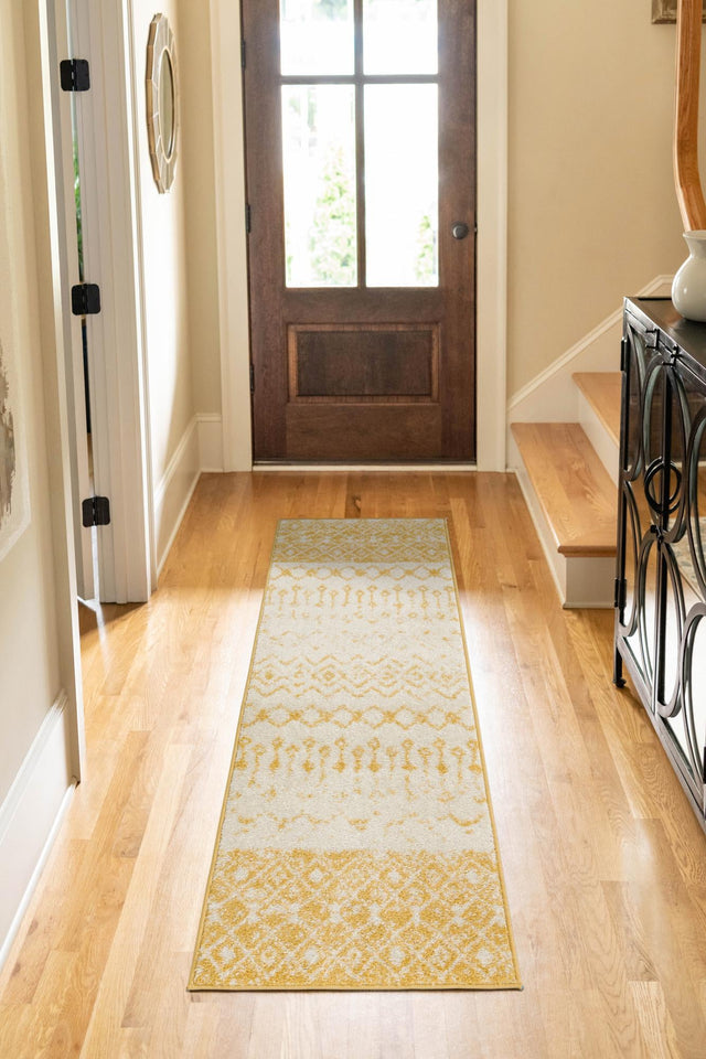 Ivory and Yellow 2' x 6' 1 Tribal Trellis Runner Area Rug Geometric Southwestern Inspired Durable Carpet for Home Interior Design for Sale at Rug Engine