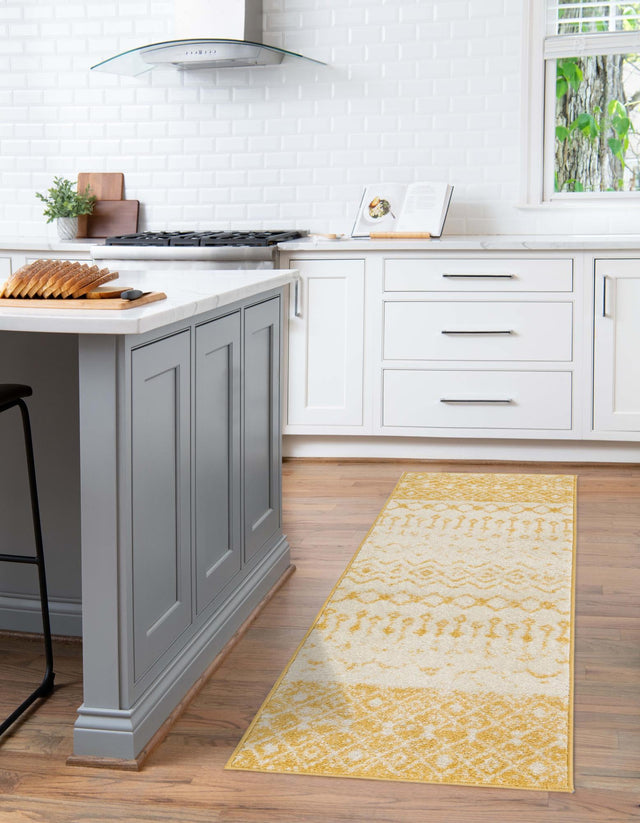 Ivory and Yellow 2' x 7' 1 Tribal Trellis Runner Area Rug Geometric Southwestern Inspired Durable Carpet for Home Interior Design for Sale at Rug Engine