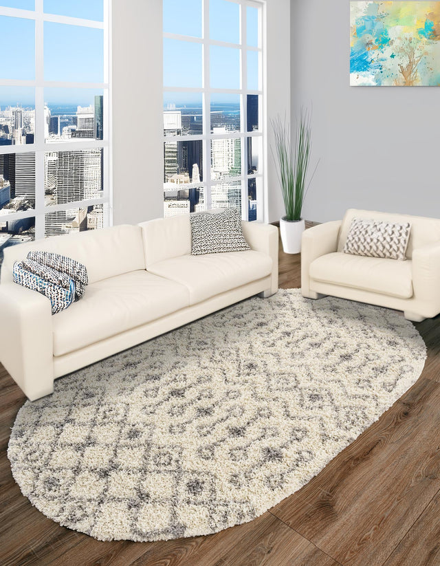 Ivory 7' 10 x 10' Moroccan Trellis Shag Oval Area Rug Thick Soft Touch Fluffy & Plush Shaggy Pile 100% Polypropylene Geometric Traditional Carpet for Sale at Rug Engine
