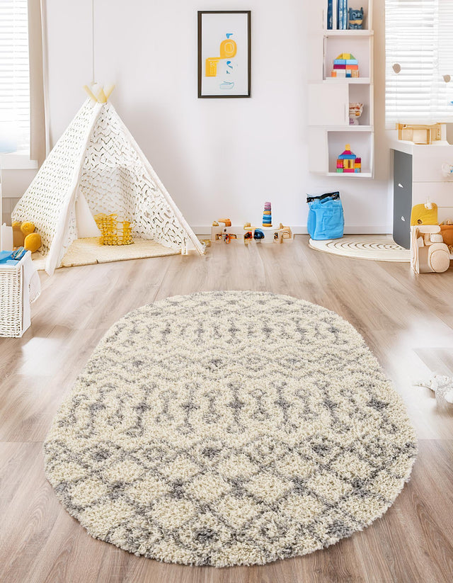 Ivory 7' 10 x 10' Moroccan Trellis Shag Oval Area Rug Thick Soft Touch Fluffy & Plush Shaggy Pile 100% Polypropylene Geometric Traditional Carpet for Sale at Rug Engine