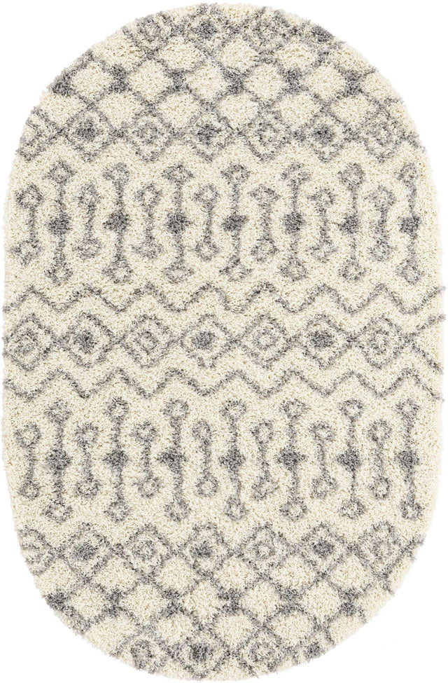 Ivory 5' 3 x 8' Moroccan Trellis Shag Oval Area Rug Thick Soft Touch Fluffy & Plush Shaggy Pile 100% Polypropylene Geometric Traditional Carpet for Sale at Rug Engine