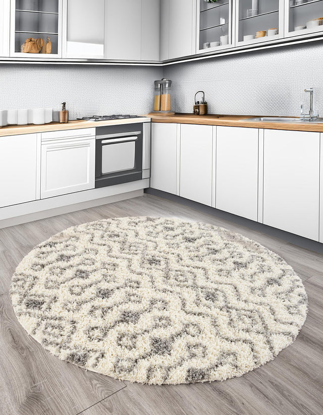 Ivory 10' x 10' Moroccan Trellis Shag Round Area Rug Thick Soft Touch Fluffy & Plush Shaggy Pile 100% Polypropylene Geometric Traditional Carpet for Sale at Rug Engine