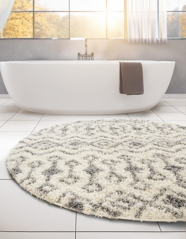 Ivory 3' 1 x 3' 1 Moroccan Trellis Shag Round Area Rug Thick Soft Touch Fluffy & Plush Shaggy Pile 100% Polypropylene Geometric Traditional Carpet for Sale at Rug Engine